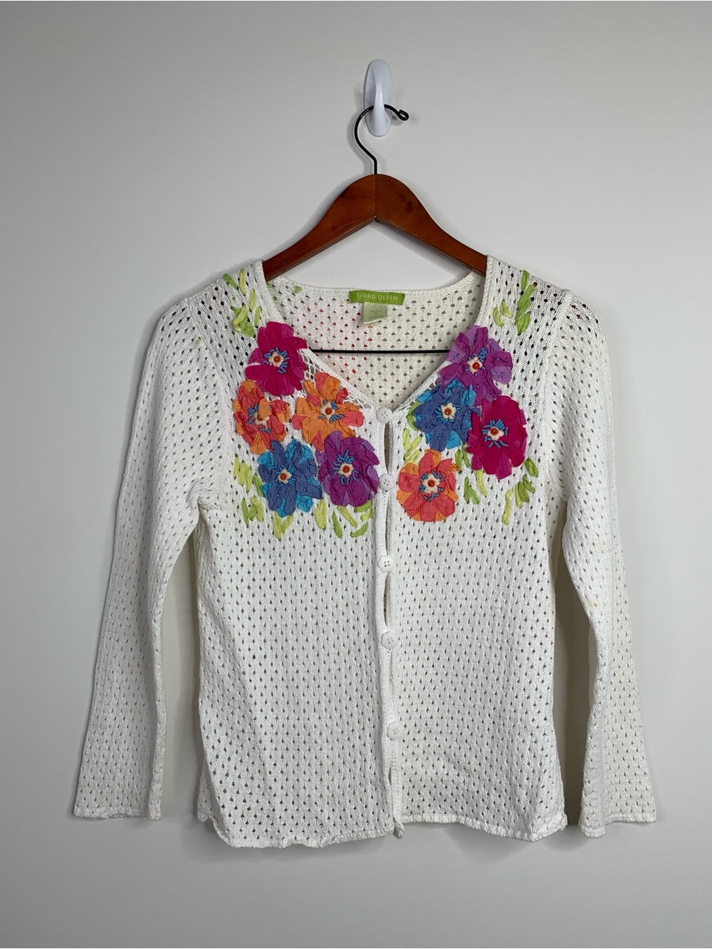 B17 Sigrid Olsen Floral Appliqué Cardigan Pointelle Sweater Petite Medium